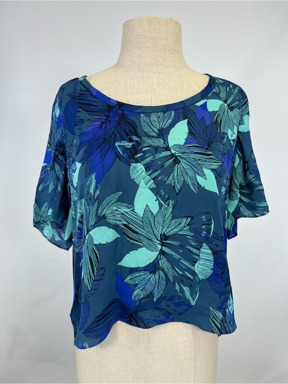 Rebecca Taylor 100% Silk Teal Blue Floral Botanical Blouse